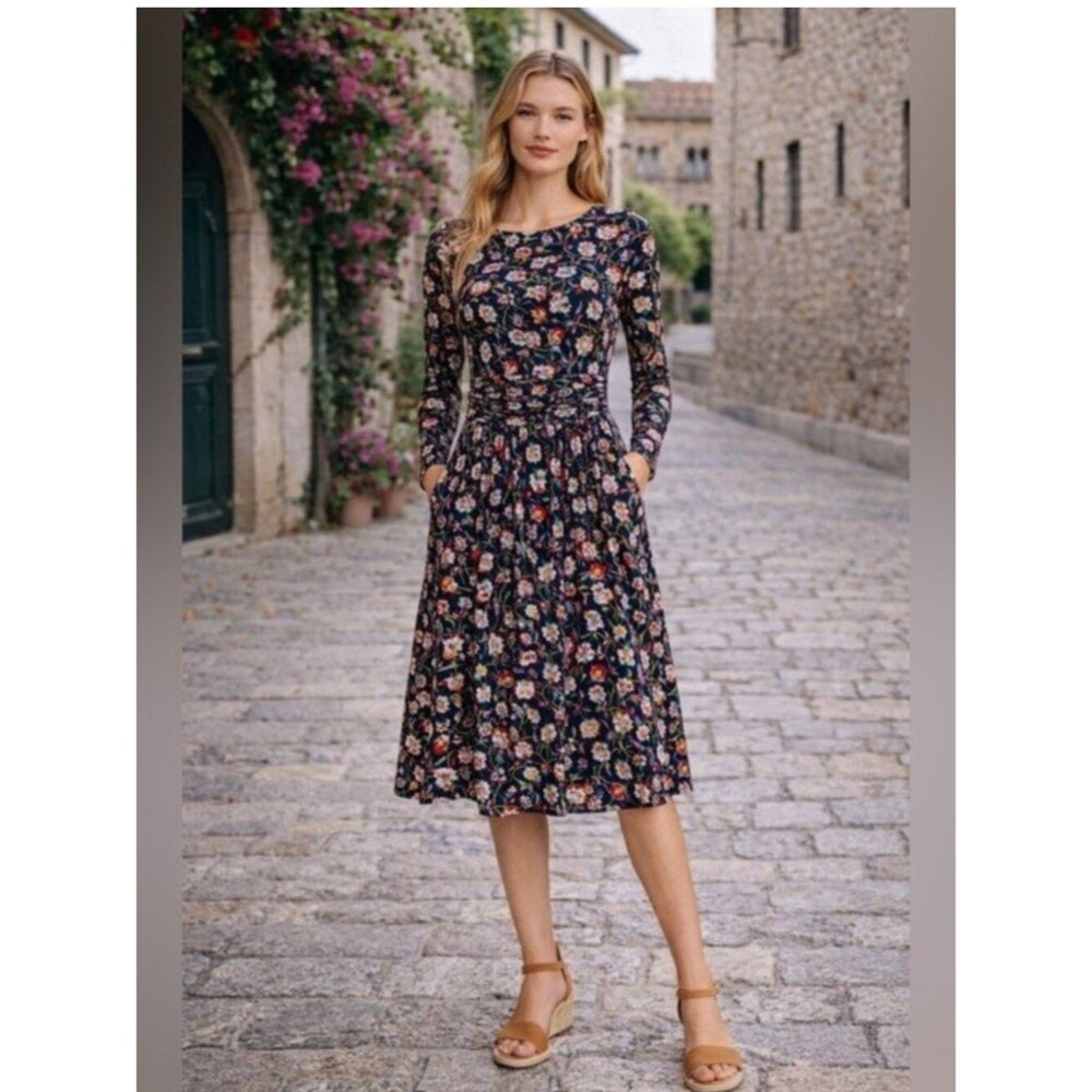 Boden Abigail Navy Blue Floral Jersey Knit Long Sleeve Midi Dress size 10